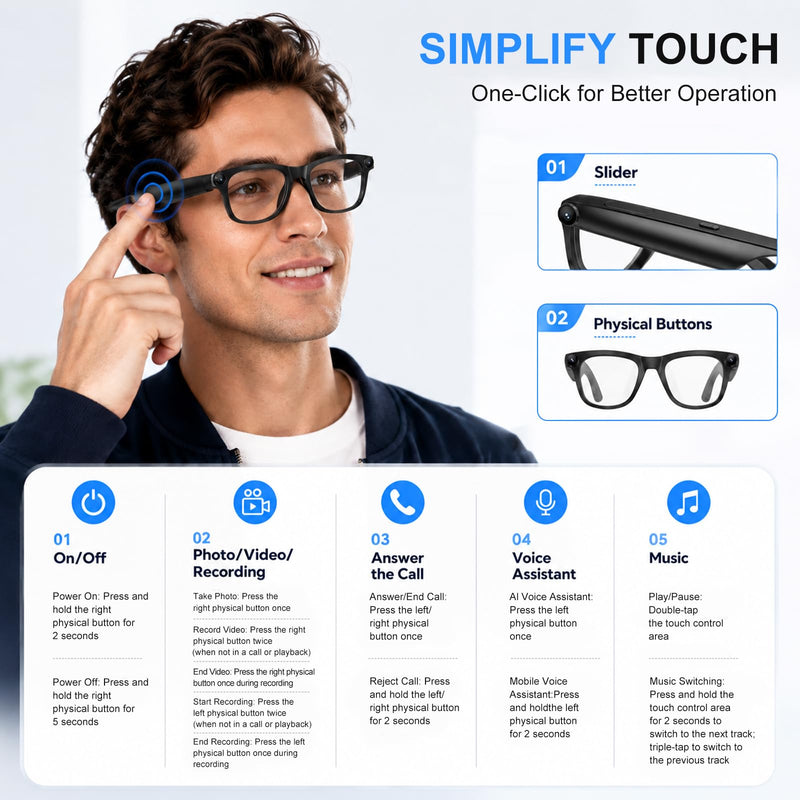 AI Smart Glasses with Camera, 8MP Camera Glasses, 4K HD Video, Bluetooth Ai Glasses for Men Women, Voice Assistant, Object Recognition, Real Time Translation & Meeting Minutes