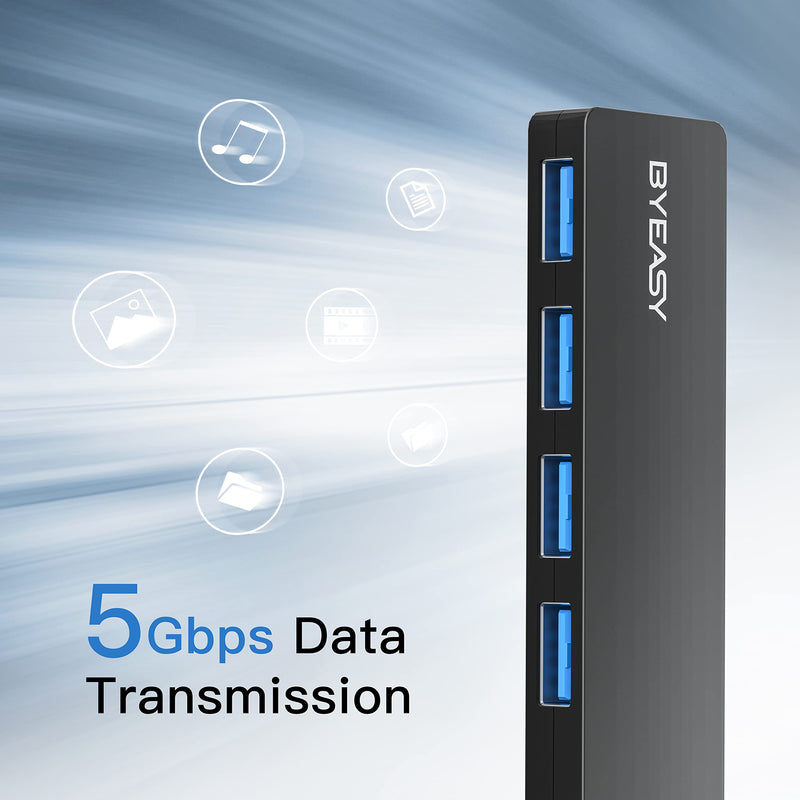 USB Hub, BYEASY 4 Port USB 3.0 Hub, Ultra Slim Portable Data Hub Applicable for iMac Pro, MacBook Air, Mac Mini/Pro, Surface Pro, Notebook PC, Laptop, USB Flash Drives, Tesla Model 3 and Mobile HDD 0.8 ft Black