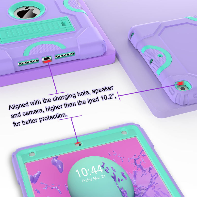 for iPad 9th Generation Case, iPad 8th 7th Generation Case, iPad 10.2 Inch 2021/2020/2019 Case, Heavy Duty Rugged Shockproof Protective Cover with Kickstand for Kids Purple/Green