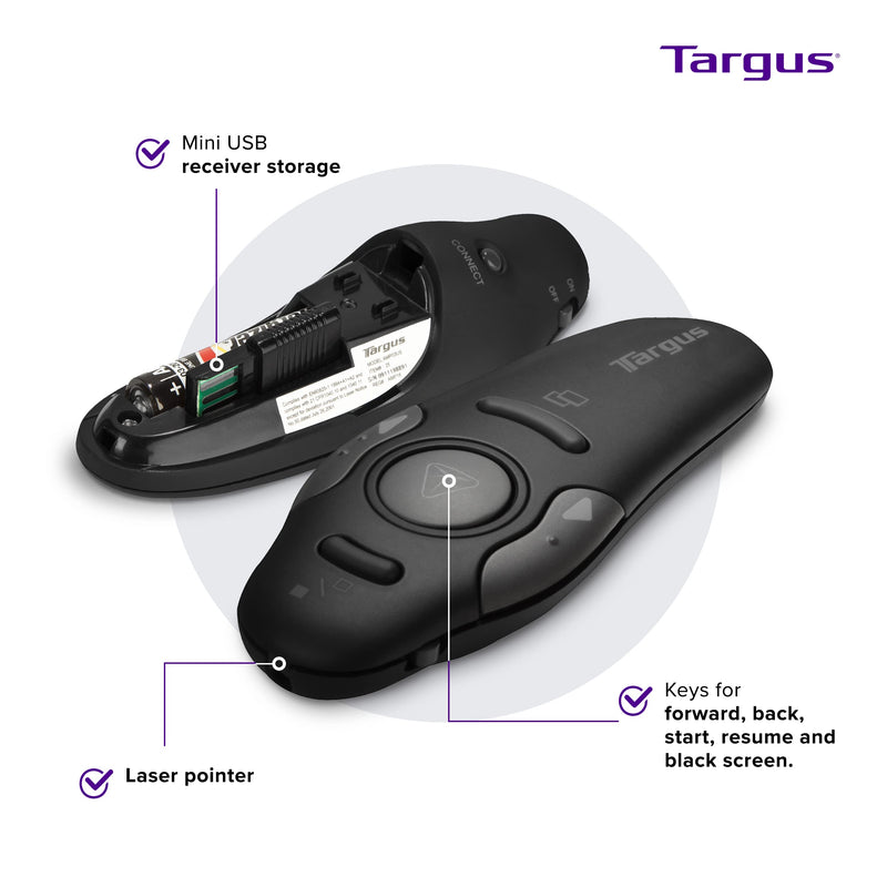Targus Bluetooth Wireless Presentation Clicker Laser Pointer for Meetings and PowerPoint – Comes with USB Dongle, 50 Foot Range (AMP16US) Wireless Presenter with Laser Pointer