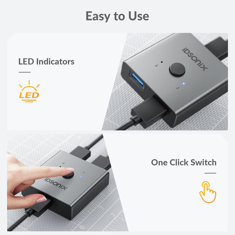 IDsonix USB 3.0 Switch for 2 Computers Share 1 Device | 1 in 2 Out Bi-Directional For Printers/Keyboards/Mice, 5Gbps Plug and Play Switcher Support CarPlay,Android Auto,Aluminum Aluminum