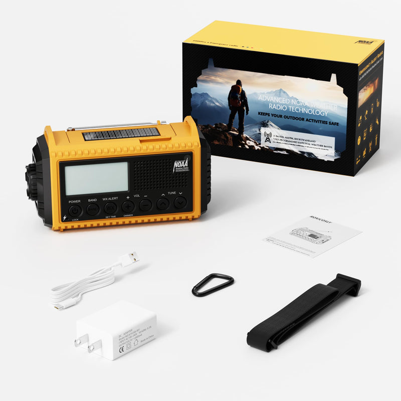 12000mAh NOAA Emergency Weather Radio, Hand Crank Emergency Radio Portable AM FM Shortwave, Solar Rechargeable Battery Powered Radio with USB-C Charger & Adapter, SOS Alert Flashlight for Home Camping 12000mAh Yellow with LCD Display