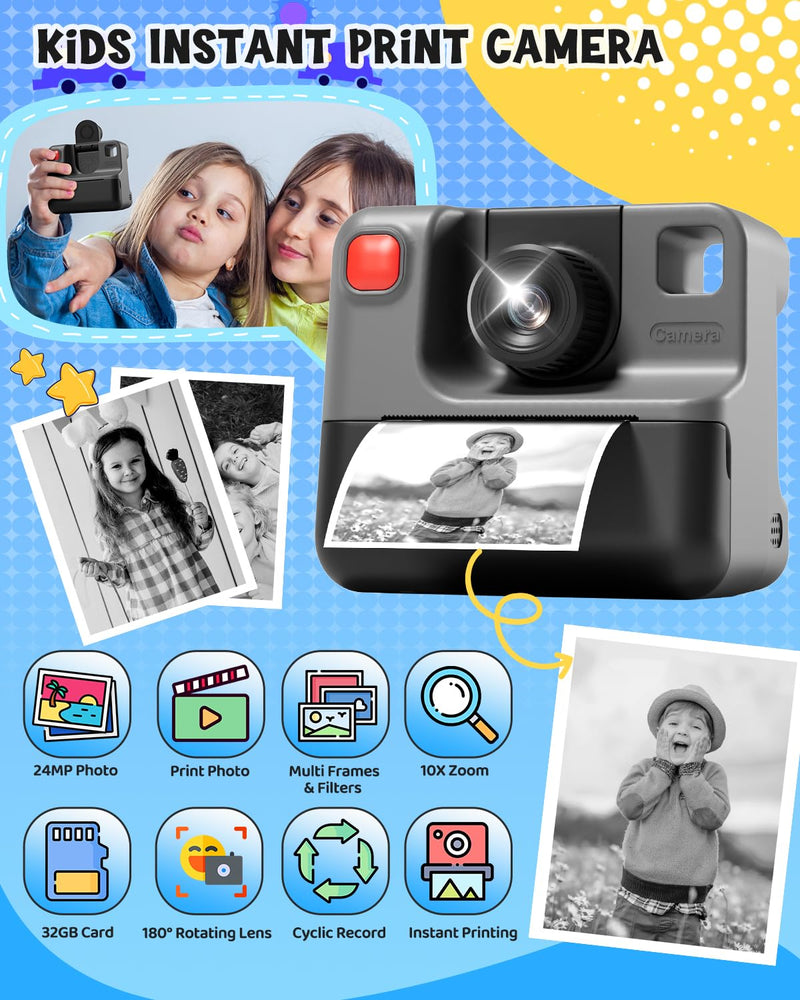 Instant Print Paper - 5 Rolls Black & White Print Paper for Kids Instant Print Camera, NO-Ink HD Printing Thermal Print Paper Set