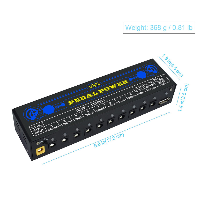 VSN Guitar Pedal Power Supply 10 Isolated DC Output for 9V/12V/18V Guitar Bass Effect Pedals with USB Ports Blue Power Supply