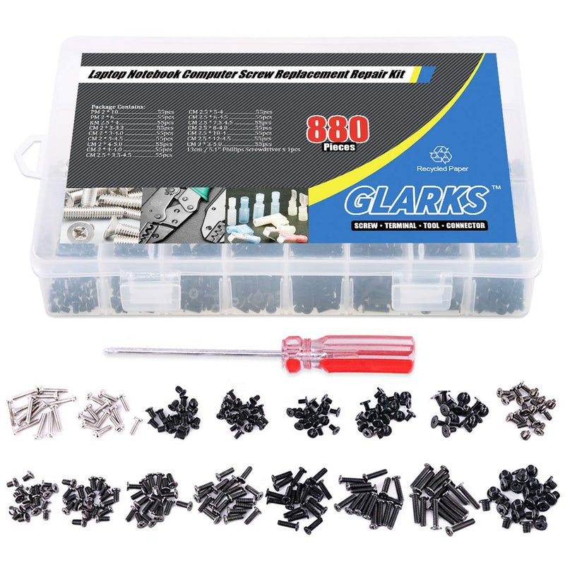 Glarks 880pcs Laptop Notebook Computer Screw Replacement Repair Kit for Lenovo Dell Toshiba Sony Samsung HP Gateway (Extra: Phillips Screwdriver)