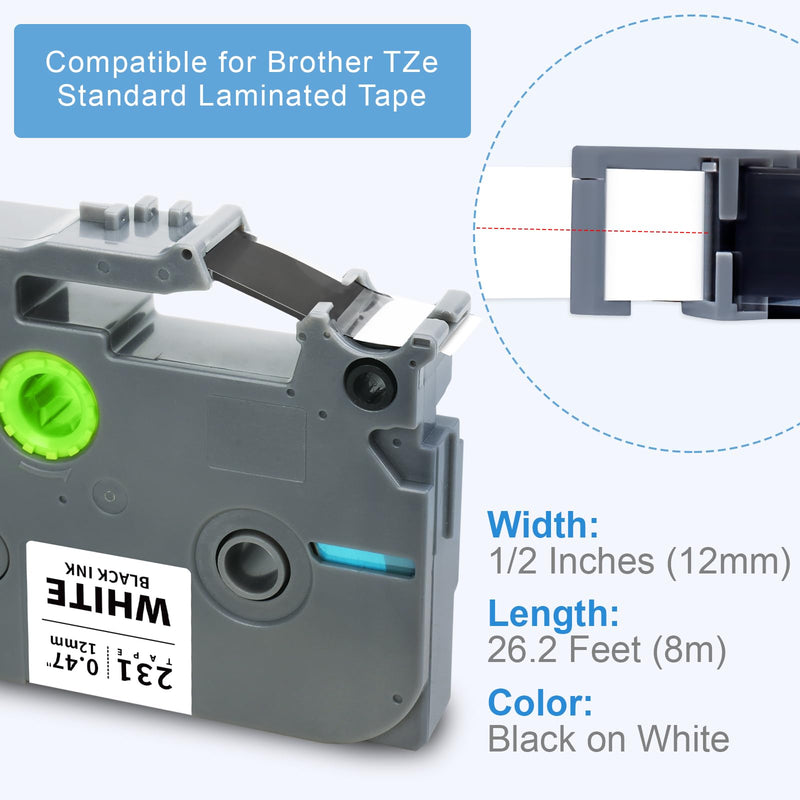[AUSTRALIA] - Absonic 12mm Tz Tape Replace for Brother Ptouch Label Tape 12mm 0.47" Laminated White Tape 1/2" Black on White for Brother P Touch PT-H100 PTD220 PTD210 PT-1290 PT-2040C PTD400 PTD600 PTD410, 4 Pack 