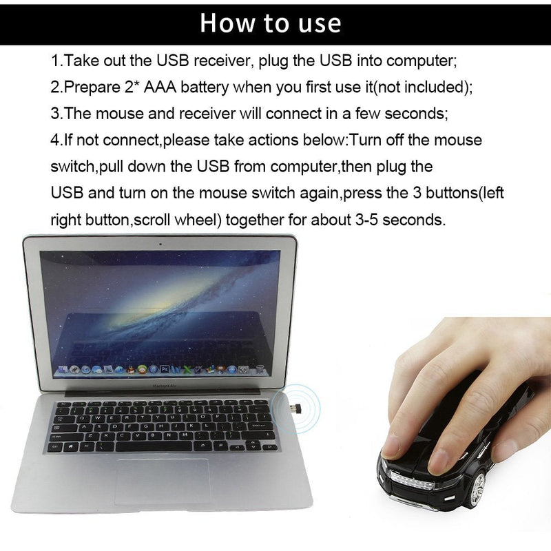 3C Light Car Mouse Wireless 2.4GHz Cool Sport SUV Car Shape Mouse Optical Mice 1600 DPI with USB Receiver Suitable for PC/Computer/Laptop (Black)
