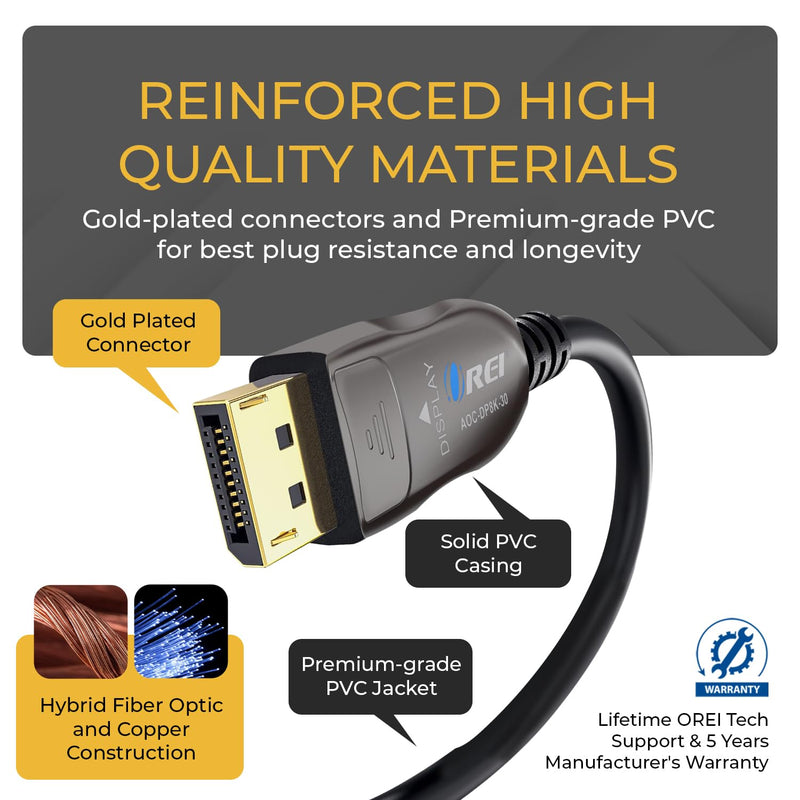 OREI 8K DisplayPort 2.0 AOC Cable 30ft – 54Gbps, 8K@120Hz, 4K@240Hz, VRR | DisplayPort over Fiber with Active Optical technology, EMI-free signal, HDR10+, Dolby Vision & gold-plated connectors