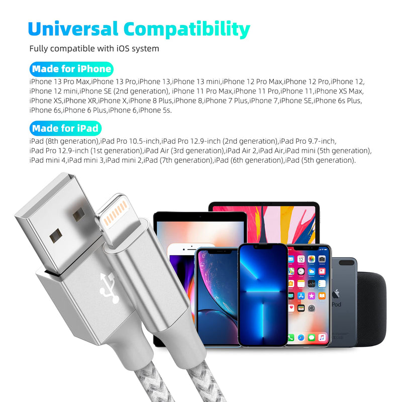 [AUSTRALIA] - iPhone Charger 3pack 10FT Apple MFi Certified Long Lightning Cable Fast Charging High Speed Data Sync USB Cable Compatible iPhone 14 13/12/11 Pro Max/XS MAX/XR/XS/X/8/7/Plus/6S (Grey White) Grey White 