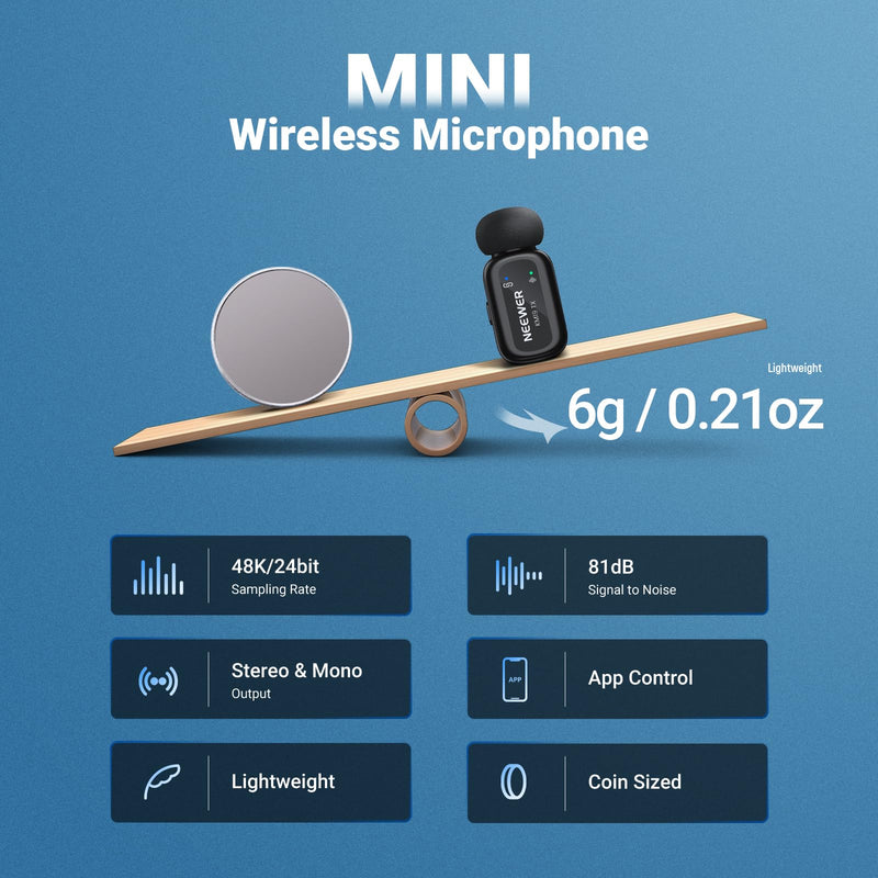 [AUSTRALIA] - NEEWER KM19 Lightweight Wireless Lapel Microphone, 48kHz/24bit 30H Battery 3-Level Noise Cancelling Mute Stereo 100m Range Mini Lav Mic with App Control, Compatible with iPhone Android Phone PC 
