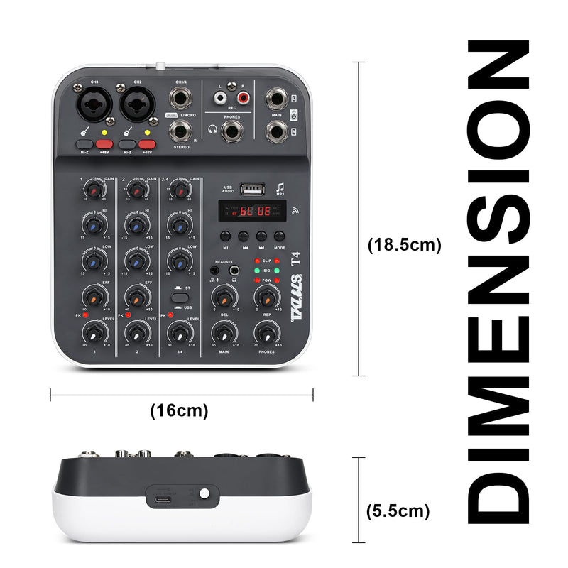 [AUSTRALIA] - Professional Audio Mixer, TKLBLS 4-Channel Unpowered Mixing Console with USB/Bluetooth Playback, 48V Phantom Power, REC Output, MP3 Player, Digital Delay Effects, for Streaming, Studio, Karaoke T4 