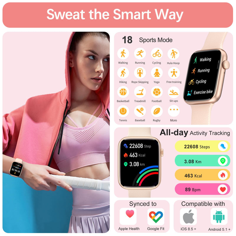 YoYoFit Smart Watch(Answer/Make Call), 1.85" Smartwatch for Women, Fitness Activity Tracker with Heart Rate Blood Oxygen Sleep Monitor Step Calorie Counter for iPhone Android Phones, Pink