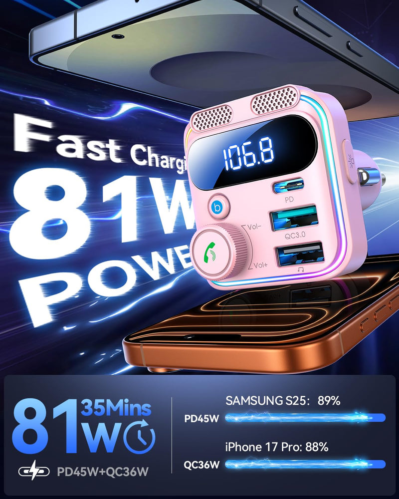 [AUSTRALIA] - JOYROOM Bluetooth 6.0 Car Adapter FM Transmitter 81W Fast Charging Cigarette Lighter Hands-Free Calling Support USB Drive, Pink 