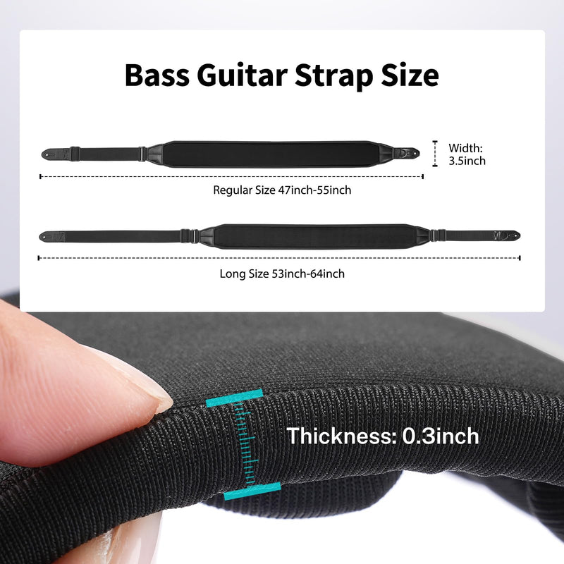 Guitar Strap, 3.5" Wide Air Cell Cushions Neoprene Padded Comfortable Bass Strap, with Strap Picks, for Bass Guitar Black Regular (47"-55")