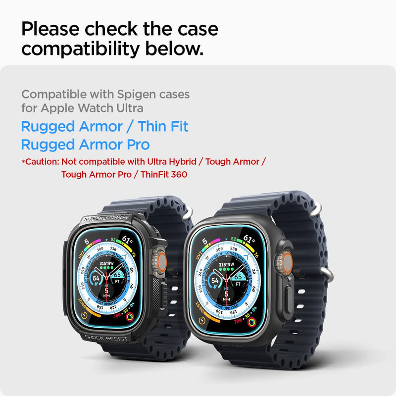 Spigen Tempered Glass Screen Protector [GlasTR EZ FIT] and Rugged Armor Pro designed for Apple Watch Ultra 3/2 (49mm) / Ultra (49mm)