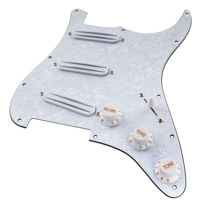 [AUSTRALIA] - Musiclily 11-Hole SSS Prewired Loaded Pickguard with Dual Hot Rail High Output Pickups Set for Fender Squier Strat Electric Guitar, 4Ply White Pearl 