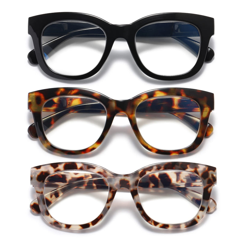 Oversized Reading Glasses for Women,3 Pack Blue Light Blocking Computer Spring hinge Readers Black&leopard&grey Leopard 1.5 x