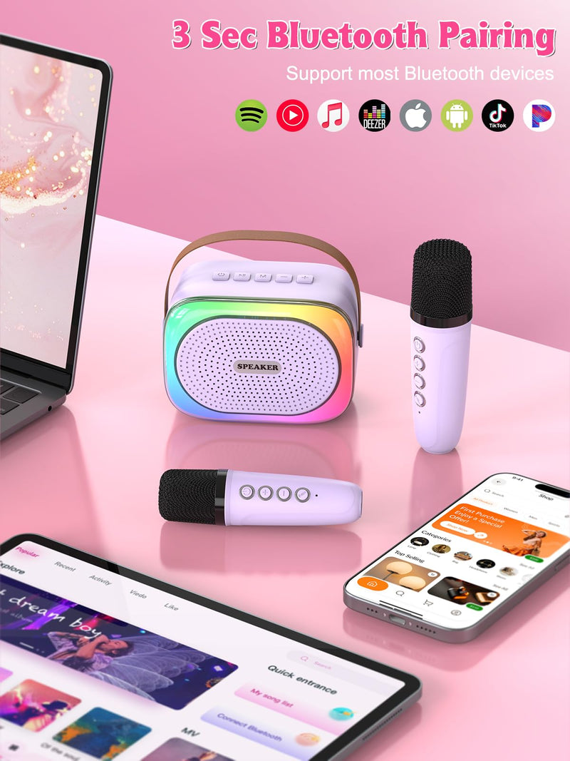 Mini Karaoke Machine for Kids Girls Boys Ages 3-12, Portable Bluetooth Speaker with 2 Wireless Microphones with Voice Changing & LED Party Lights, Birthday Gifts for Family Home Party purple