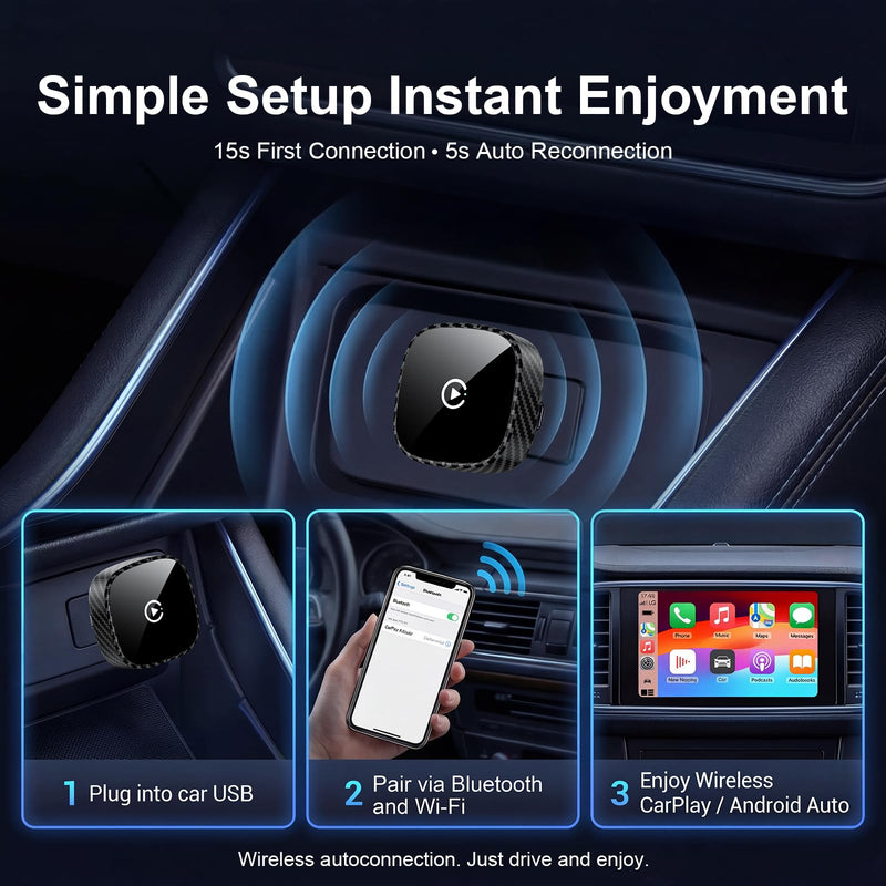 [AUSTRALIA] - Wireless CarPlay Adapter for Apple iPhone & Android Auto 2026 Upgrade - Bluetooth & Wi-Fi, Plug & Play, 3X Fast Auto-Reconnect, No Latency, Convert Wired to Wireless Car Play Adapter (Black) 