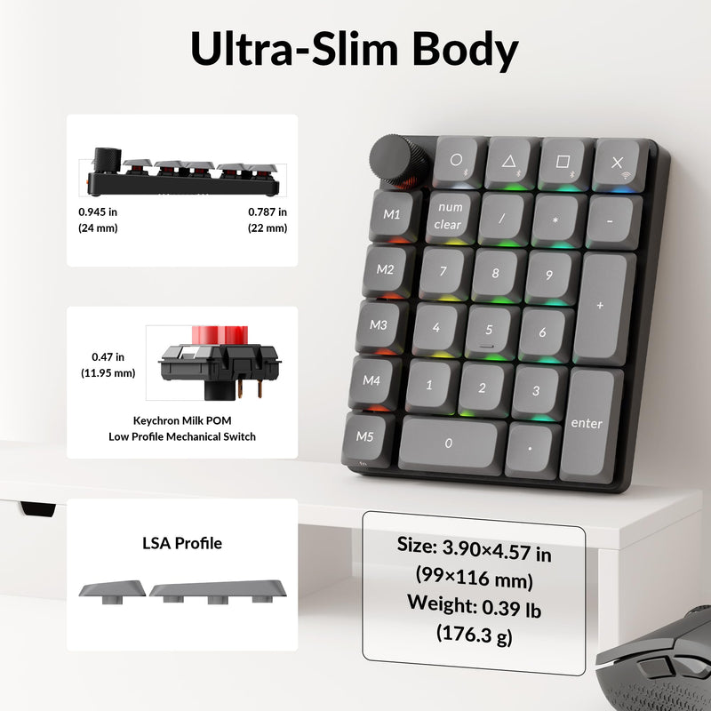Keychron K0 Max Wireless Low-Profile Number Pad, QMK/VIA Programmable, Hot-Swappable Red Switch, RGB Backlit, 2.4GHz & Bluetooth 5.3, 1000Hz Polling Rate, with Knob, for Windows/Mac Black
