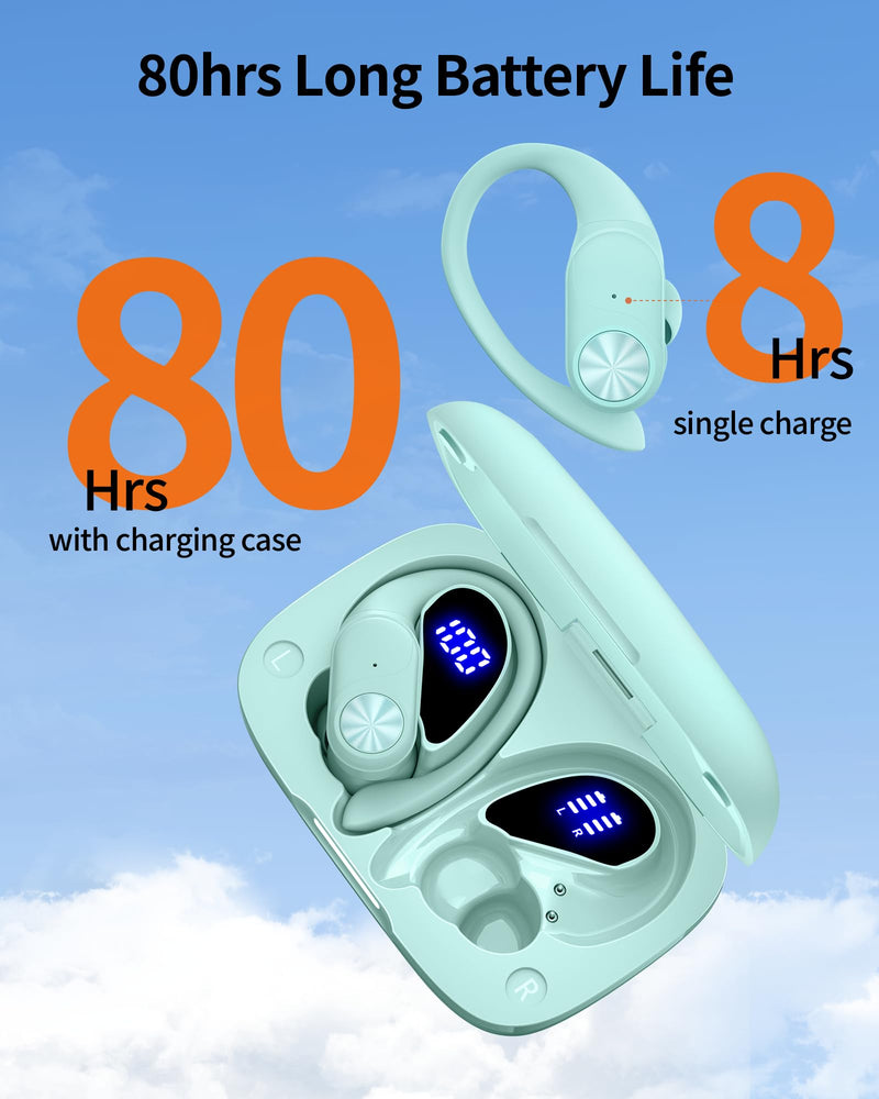 2 Sets Bluetooth Headphones Wireless Earbuds 80hrs Playtime Wireless Charging Case Sports Ear buds with Earhook Premium Deep Bass IPX7 Waterproof Over-Ear Earphones for Phone Laptop Black + Mint Green