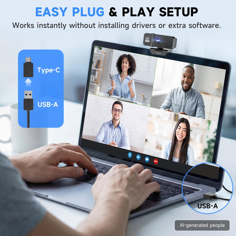 PHILIPS 4K Webcam for PC with Microphone, Computer Camera for Meetings | Plug & Play USB Web cam with Privacy Cover, for Laptop, Desktop, Zoom, Teams, Skype, Video Conferencing, Streaming, Black