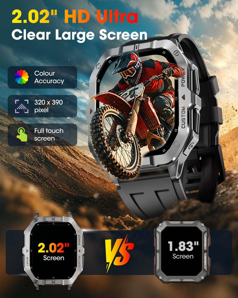 Military Smart Watches Built-in GPS, Bluetooth Call 2.02'' Smart Watches for Men, Heart Rate Monitor, Sleep Monitor, 2 ATM Waterproof, 100+ Sports Modes for Android iPhone grey Min:190mm Max:250mm