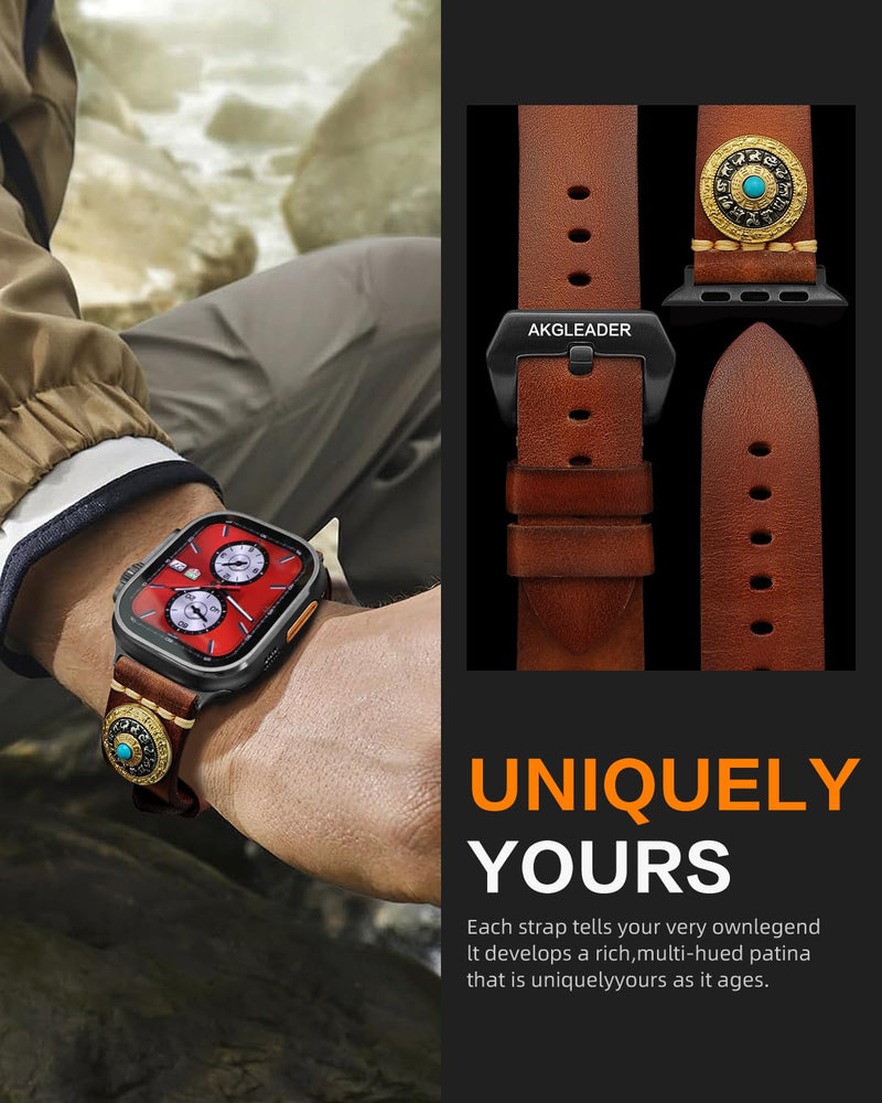 Leather Bands Compatible with Apple Watch Ultra 3/2/1 Band 49mm 46mm 45mm 44mm 42mm, Genuine Leather Metal Connector Strap for iWatch Ultra Series 11/10/9/8/7/SE/6/5/4/3/2/1 brown