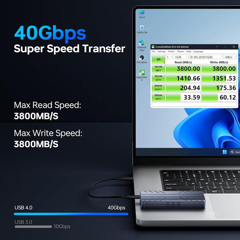 MOKiN 40Gbps M.2 NVMe SSD Enclosure, Thunderbolt for M1 Pro/Max Mac | Aluminum case with cooling fan M.2 External Adapter for Thunderbolt 3/4 USB4 supports M/B+M Key size 2280/2260/2242 Slate gray