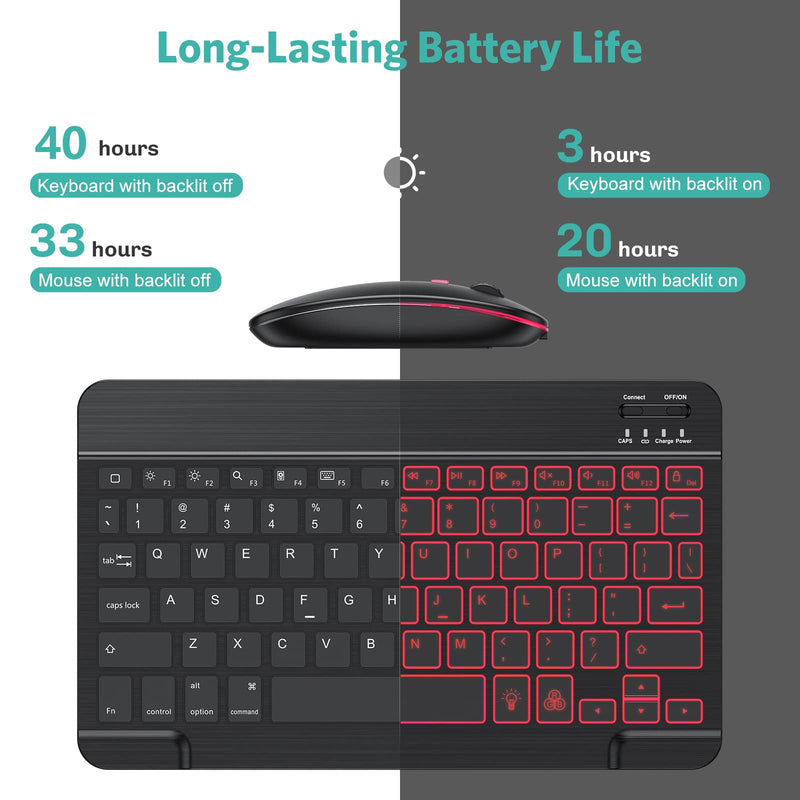 TECURS Bluetooth Keyboard and Mouse Combo for iPad, 7-Color Backlit Rechargeable Wireless Keyboard & Mouse Compatible with iPad 9th/8th Gen, iPad Pro/Air/Mini and ipadOS 13 and Above, Black