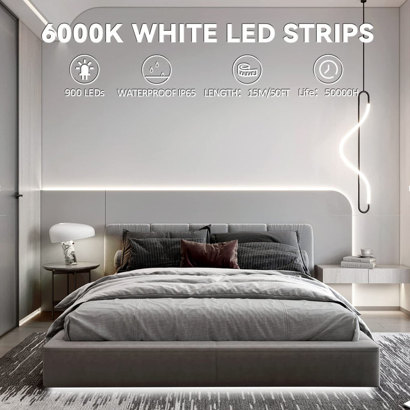 50ft Waterproof LED Strip Lights, 6000K Daylight White IP44 Tape Light, 15M 12V Rope Light Strong 3M Adhesive, for Home,Kitchen, Patio, Balcony, Party, Wedding, Indoor and Outdoor Decor 50ft-kit