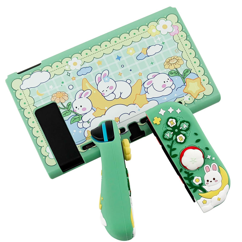 Protective Case for Nintendo Switch, Hard Back Shell + 2 Silicone Ergonomic Controller Covers + 2 Thumb Grips Caps, Cute Rabbit and Flower Cover, Green For Switch