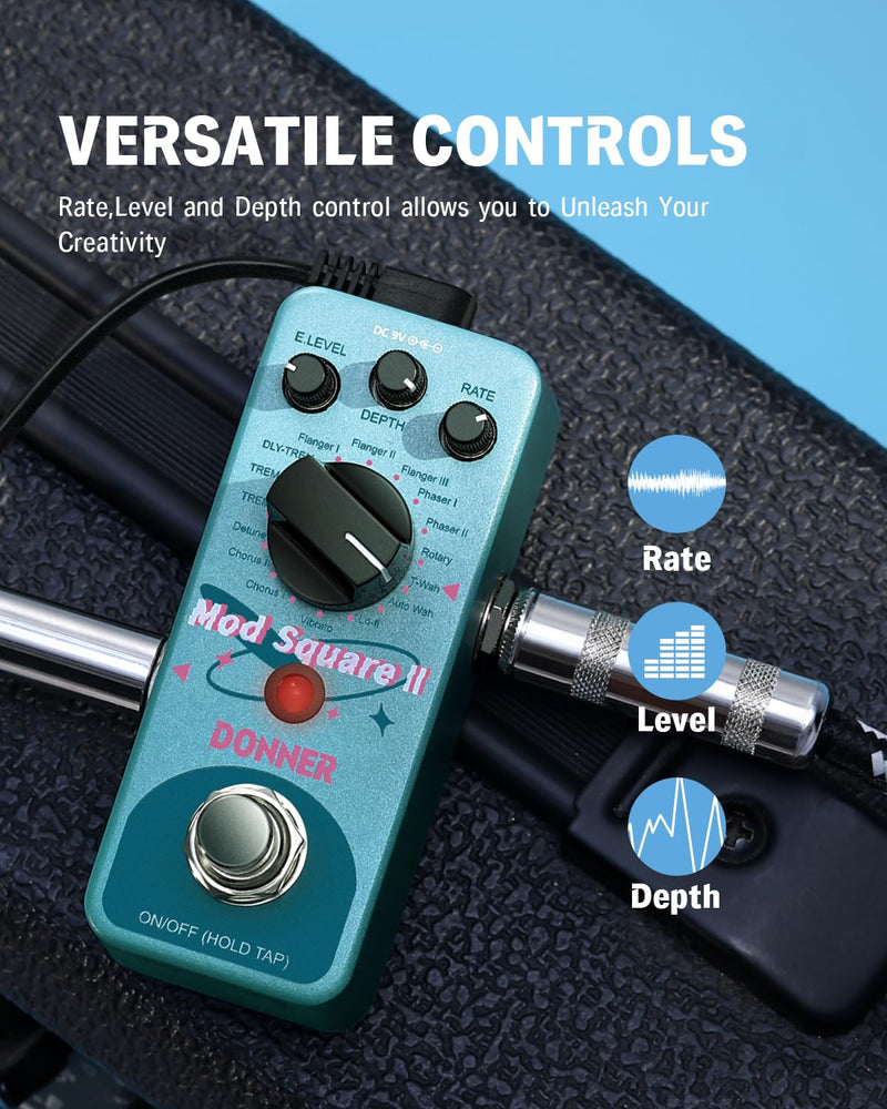 Donner Modulation Pedal - Mod Square Ⅱ for Electric Guitar Pedal Boards, 16 Effects Chorus Phaser Tremolo Flanger Rotary Vibrato Wah Lo-fi Detune 16 Modulation Modes, True Bypass Green Mod