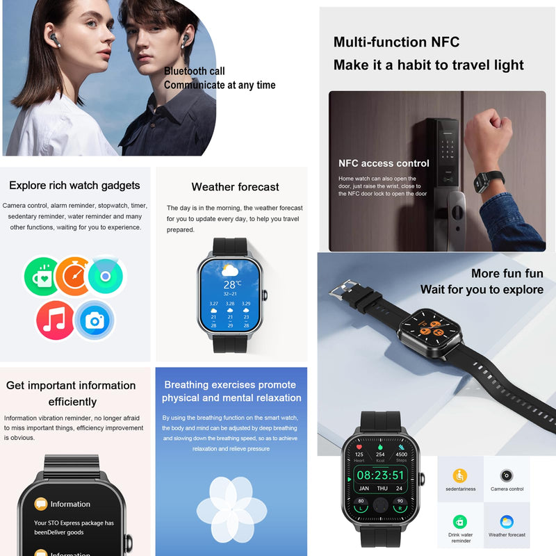 Tuanzi D8Pro 2.01" TFT Smartwatch with Earbuds Smart Watch TWS Wireless Bluetooth Headset Health Monitor Fitness Tracker Bluetooth Call Music Player (Black Silicone) Black Silicone