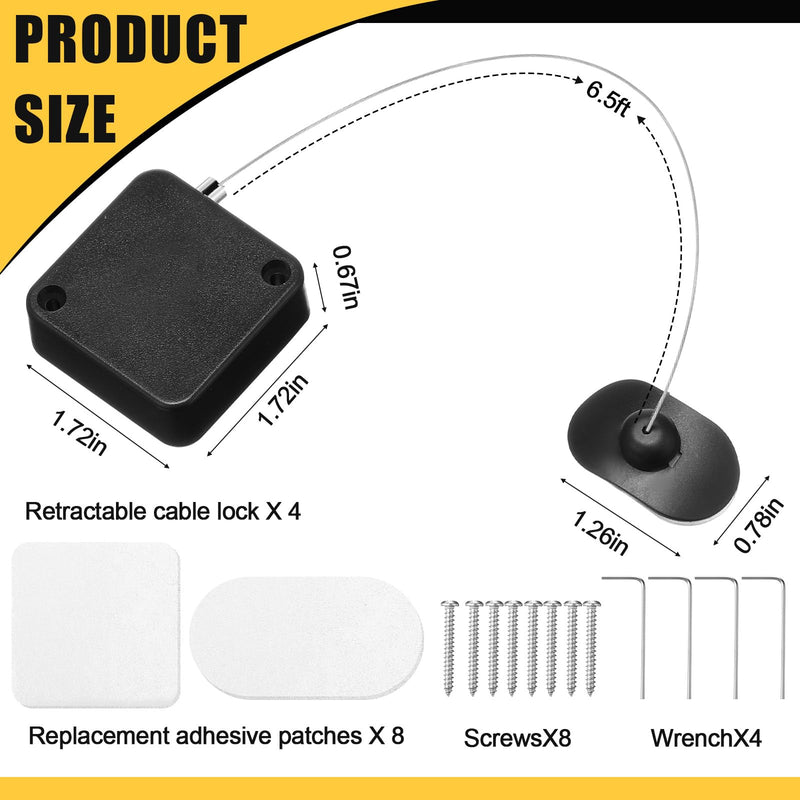 4 Pcs 6.5 ft Retractable Cable Lock with Double Sided Adhesive and Screws Remote Control Security Lock Anti Lost Rope Hardware Cable Lock Security Lanyard Lock for TV Tablets Showroom
