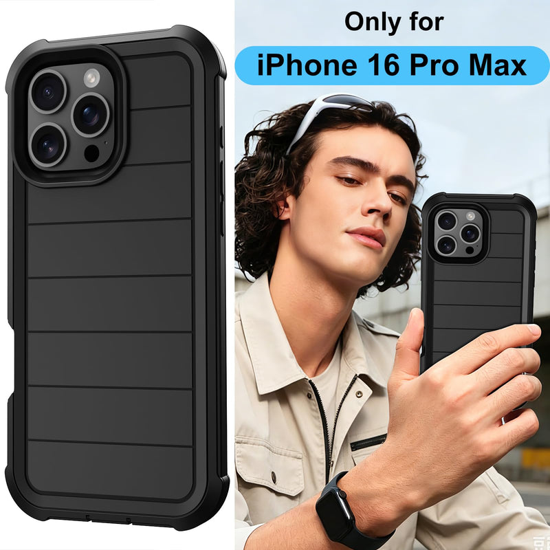 for iPhone 16 Pro Max Case with Belt Clip Holster Screen Protectors | Heavy Duty Military Grade Shockproof Protection Anti-Drop Rugged Kickstand Black