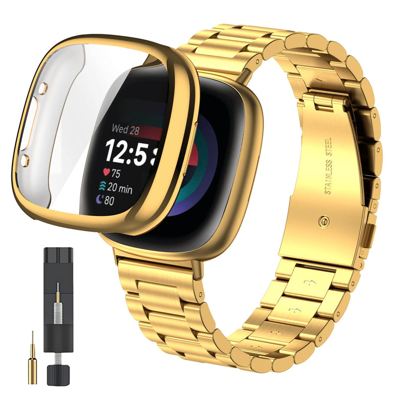 ZPJPPLX for Fitbit Versa 4 Metal Watch Band with Soft TPU Case,Compatible with Fitbit Sense 2 Stainless Steel Strap and Screen Protection Case for Men Women,Black
