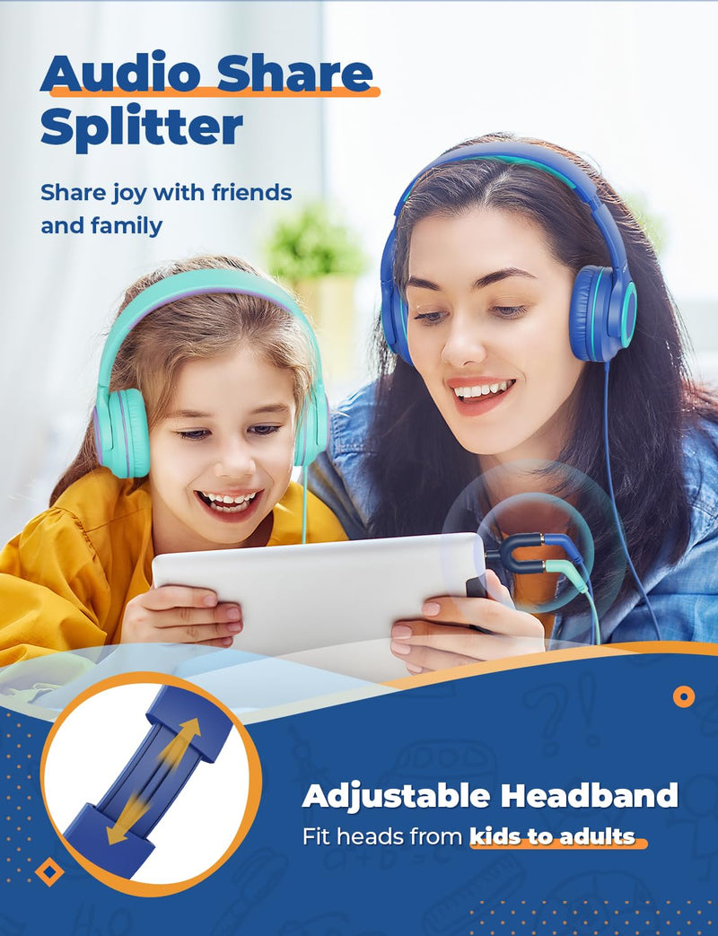 [AUSTRALIA] - iClever 2Pack Kids Headphones with Sharing Splitter - 85dBA Safe Volume Limited - HS22 Wired Headphones for Kids Teens, Tangle-Free 3.5mm Jack Foldable Stereo Headphones for School/Tablet/Travel Green & Blue 