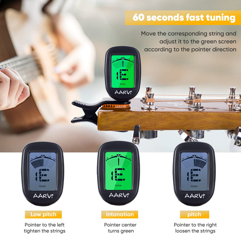 Clip On Guitar Tuner for All Instruments, Acoustic/Electric Guitar, Ukulele, Bass, Violin, Banjo, Large Clear LCD Display for Guitar Tuning, Chromatic Tuner, 4 Pack Guitar Picks Included Black-1-Pack