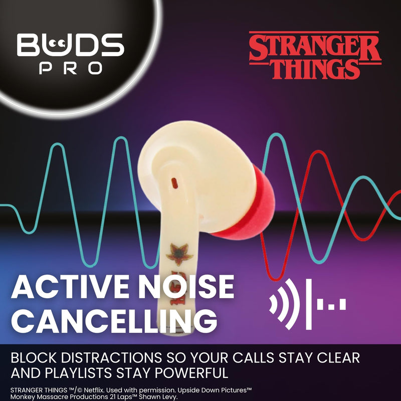 Buds Pro Stranger Things Hellfire Club Wireless Bluetooth EarBuds & Phone Holder - In Ear Headphones with Microphone, 28+ Hours Playtime, Active Noise Cancelling Earbuds, IPX4 Rating & Charging Case