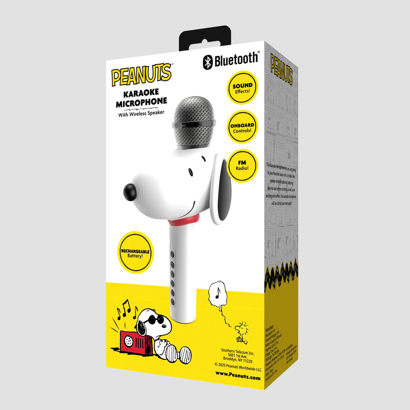 Peanuts Snoopy Bluetooth Karaoke Microphone – Wireless Speaker with Sound Effects, FM Radio, Onboard Controls & Rechargeable Battery – Vintage Inspired Design White
