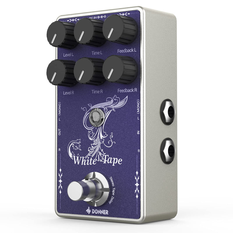 Donner White Tape Stereo Delay Pedal, Analog Delay with Echo Effect, True Bypass, 2 Independent Channels for Electric Guitar, Bass, Synth, Drum Machine Tape Delay