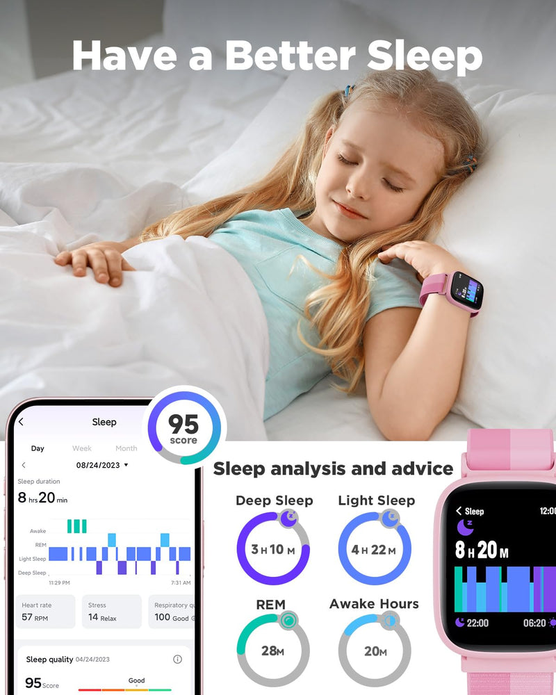 BIGGERFIVE Smart Watch for Kids, 1.8" Fitness Tracker Watch with Pedometer | Heart Rate, Sleep Monitor, IP68 Waterproof, Step Counter, Puzzle Games with/without App for Girls Teens 5-16，Nylon Single Strap Nylonpink