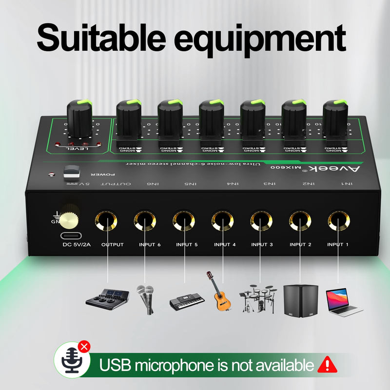 Aveek 6 Channel Mixer - Mini 6 Stereo Audio Mixer, Low-Noise for Precision Sub-Mixing,1/4" TRS Input/Output Ideal for Mics/Guitars/Bass/Stage - 3 x 5.8 x 1.3 inches