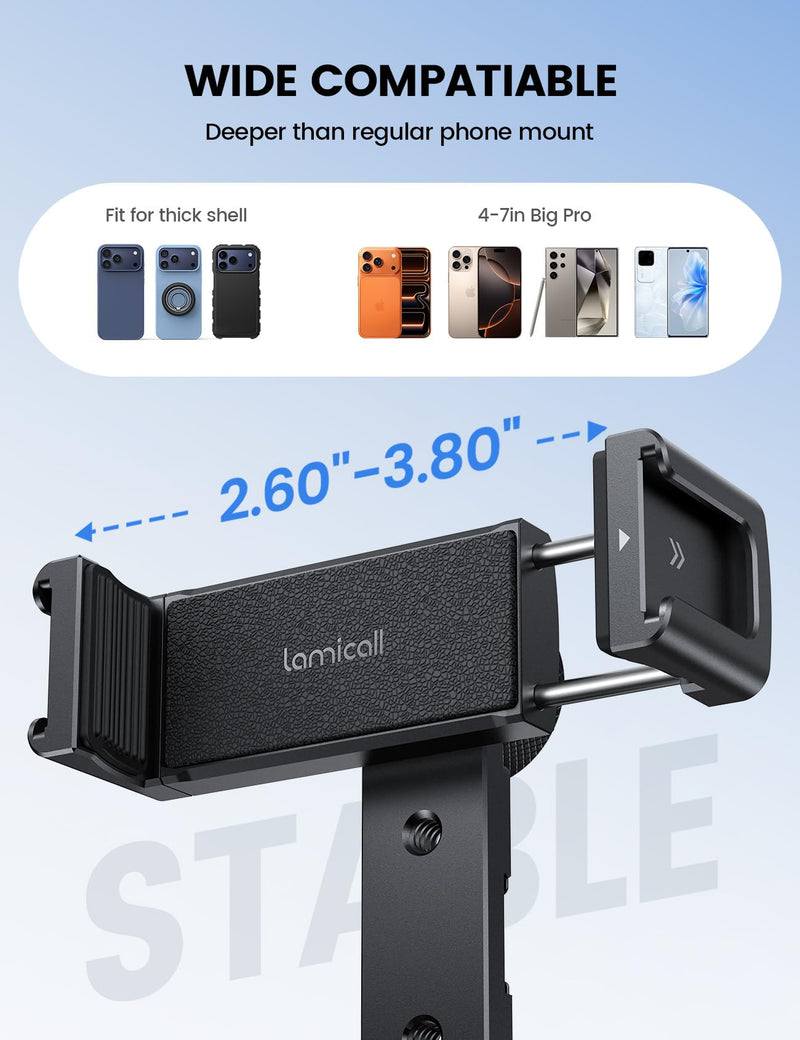 [AUSTRALIA] - Lamicall Aluminum Phone Tripod Mount with 3 Cold Shoes & Arca Port & 1/4" Thread, [Wider Clamp] Camera Phone Holder Adapter Valentines Day Gift for iPhone 17 Smartphone Tripod Cell Phone Holder 