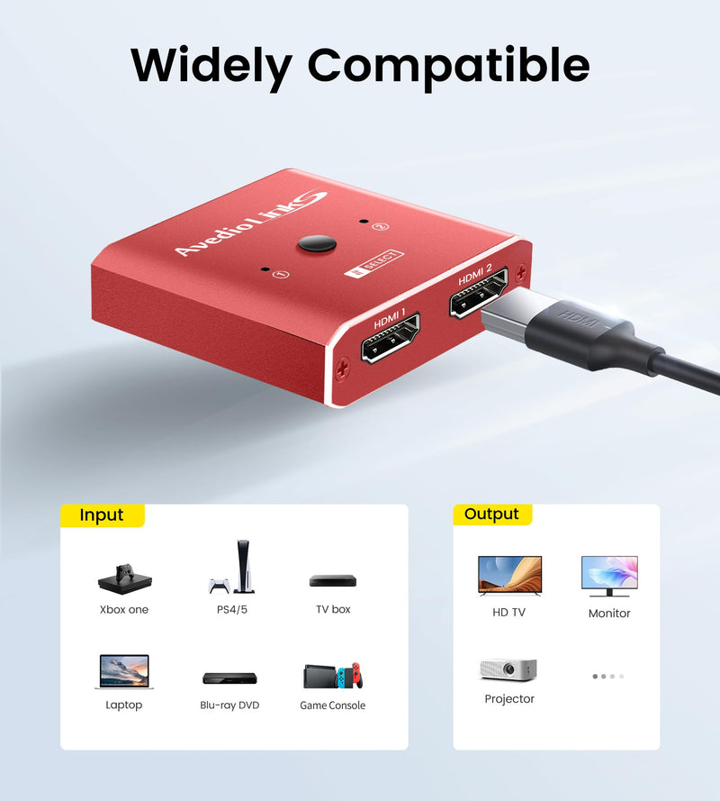 HDMI Switch 4K 120Hz, avedio links 8K HDMI 2.1 Switch Splitter 2 in 1 Out, Aluminum Alloy Bi-Directional Switcher Support Ultra HD 8K@60Hz 4K@144Hz High Speed 48Gbps (Red)