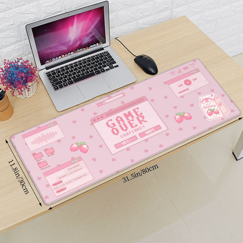 Pink Game Strawberry Milk Gaming Mouse Pad XL, Large Extended Mousepad Desk Pad, Long Nonslip Rubber Mice Mats Stitched Edges Playmat for Office Home Gamer, 31.5x11.8 Inch Pink Game Strawberry Milk