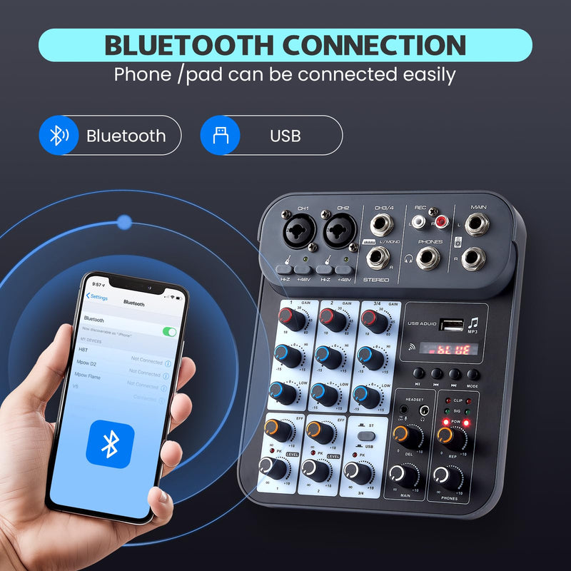 [AUSTRALIA] - 4 Channel DJ Audio Mixer, DJ Mixers Sound Board, Sound Mixer Board XLR 1/4" Interface, BT USB MP3 Computer Input 48V Phantom Power Stereo Karaoke DJ Studio Streaming KTV Stage G4B 