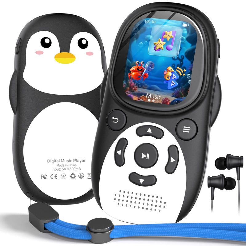 64GB Cute Penguin MP3 Player with Bluetooth 5.3 & Speaker, Portable Music Player for Kids, 2" Screen, 65-Hour Battery Life, FM Radio, Voice Recorder, Volume Limit, Supports 128GB microSD Card