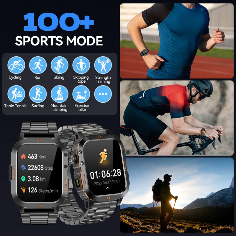 QTLLBT Men's Military Smart Watch 1500mAh Battery 30day IP68 Waterproof Suitable for Swimming Answer/Make Call Function Outdoor Tactical Smart Fitness Watch Heart Rate for Android & iOS Black Steelstrap